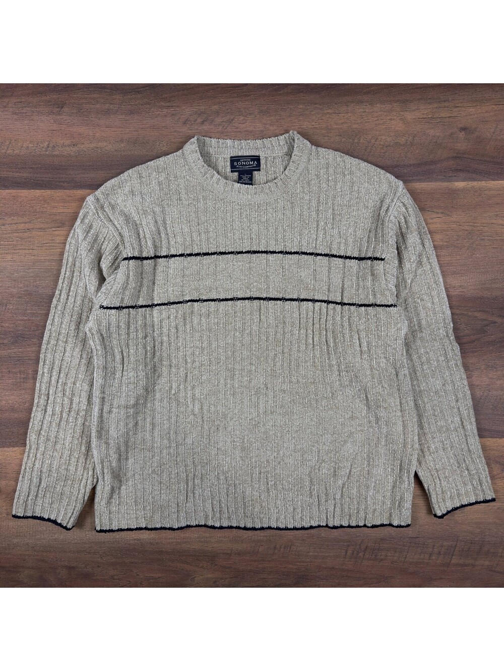 Vintage Ribbed Chenille Sweater Tan Beige Black Striped Y2K